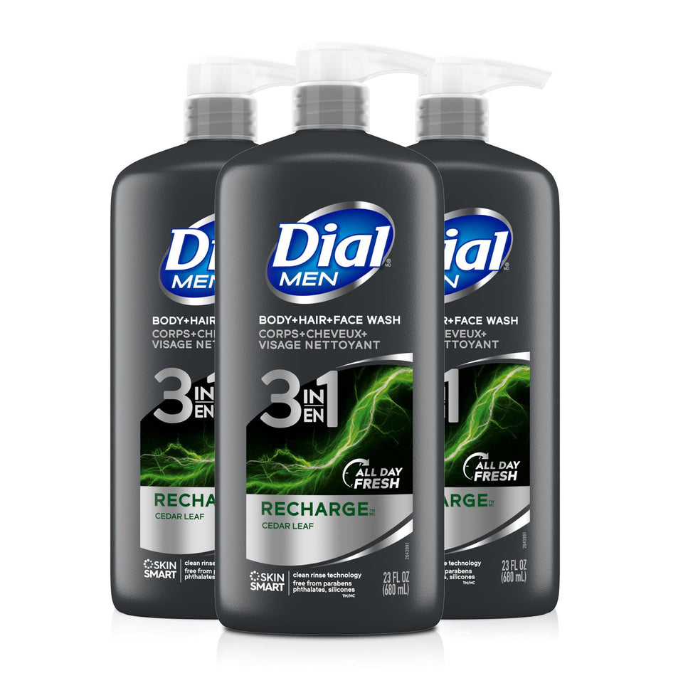 Dial men front packaging showing three 23 fl oz bottles and fresh aloe scent
