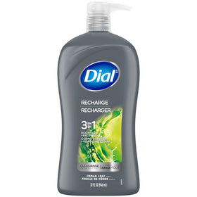 Dial front packaging showing 3-in-1 bottle and cedar leaf scent benefit