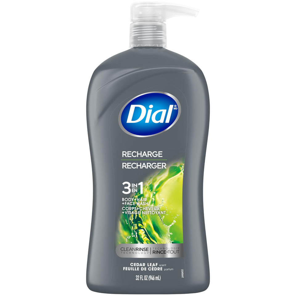 Dial front packaging showing 3-in-1 bottle and cedar leaf scent benefit