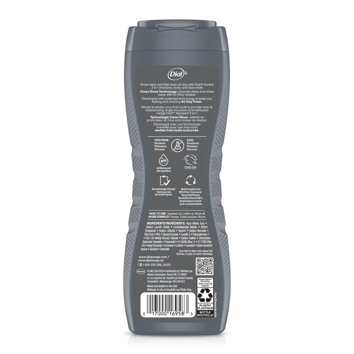 Dial Men bottle in shower illustrating all-in-one shampoo and body wash