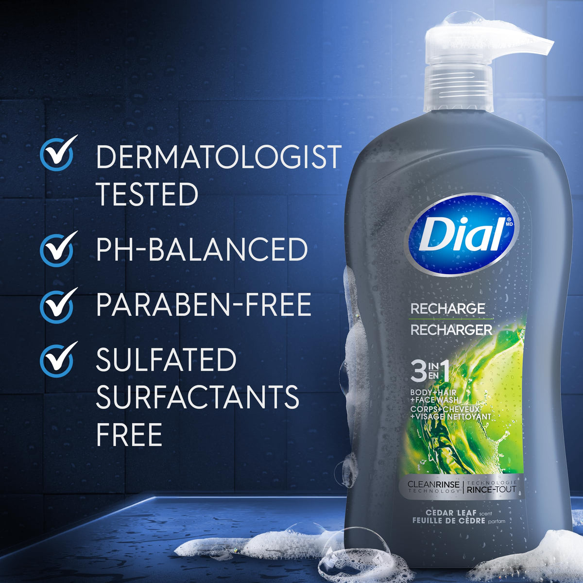 Dial bottle in shower being used to rinse hair and body for quick routine benefit