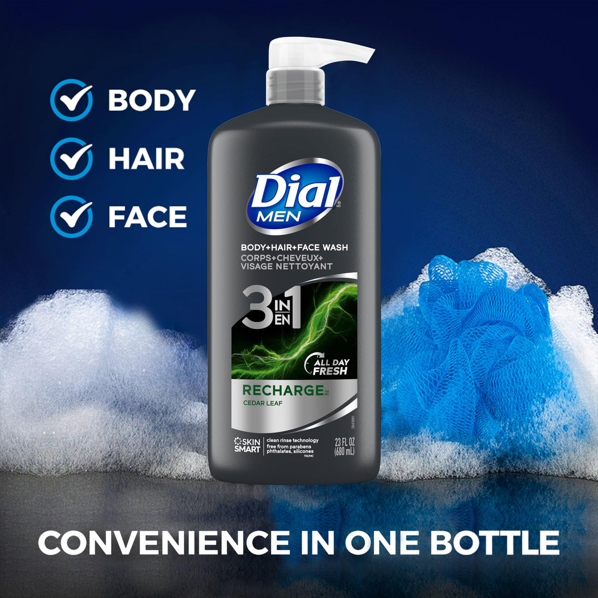 Dial men squeeze bottle in hand demonstrating single-handed dispensing convenience