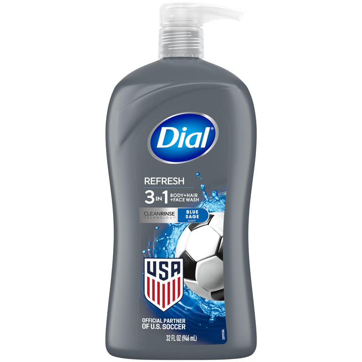 Dial Men Hydro Fresh front bottle view showing clean, all‑in‑one convenience