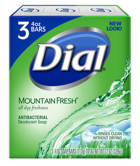 Dial mountain fresh front packaging showing three bars and benefits