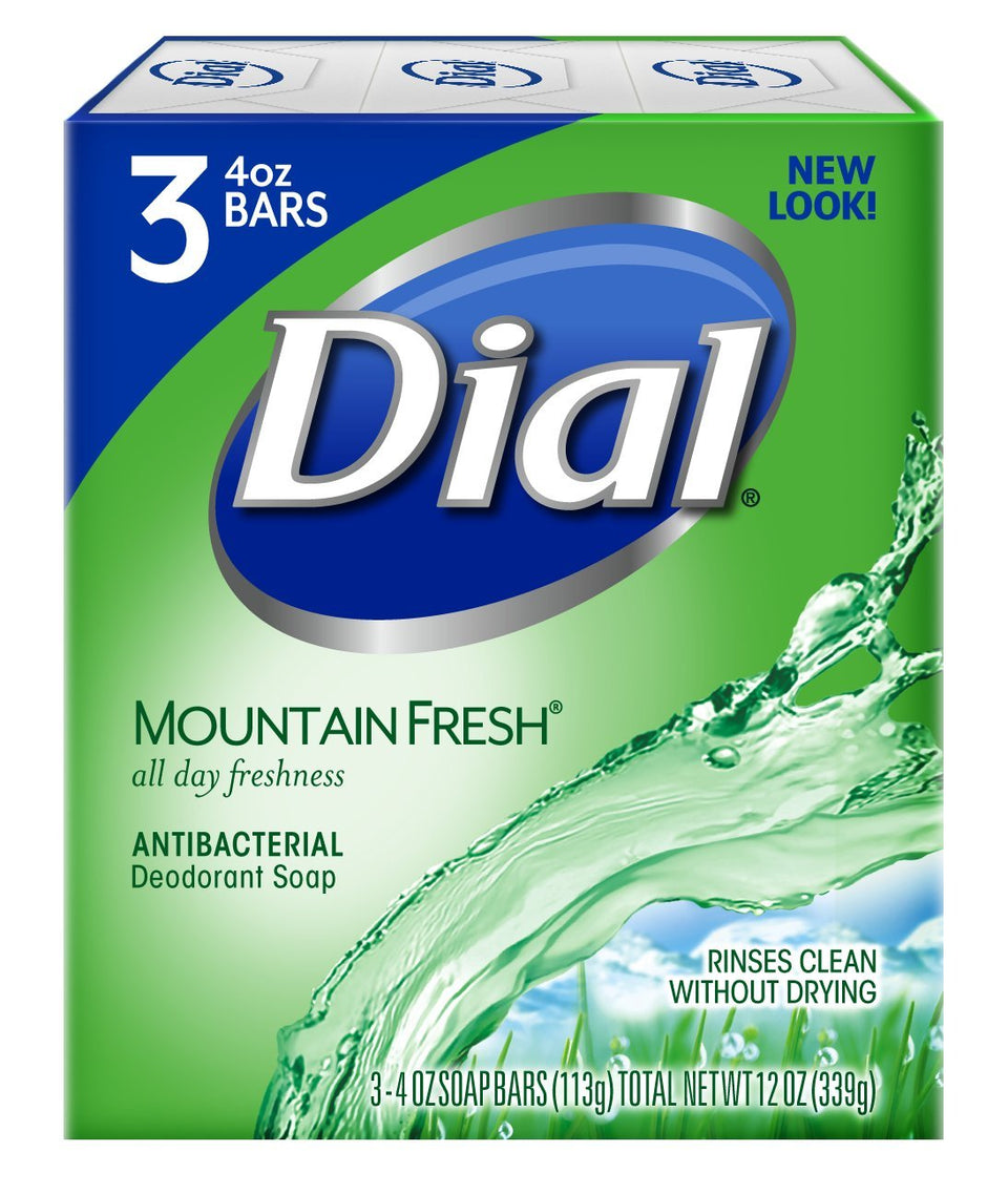 Dial mountain fresh front packaging showing three bars and benefits