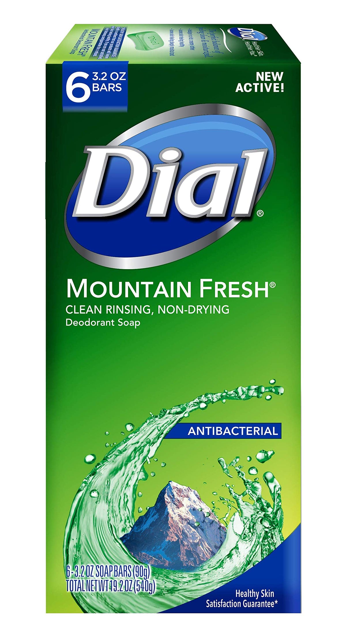 Dial front packaging showing six 3.2 oz bars and benefit of long-lasting freshness