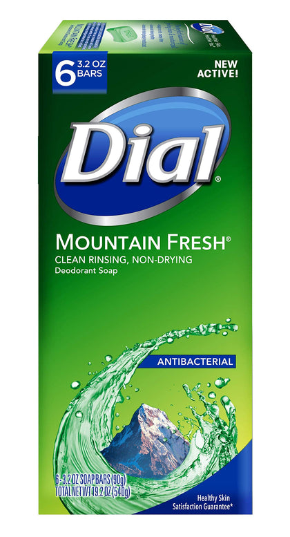 Dial front packaging showing six 3.2 oz bars and benefit of long-lasting freshness
