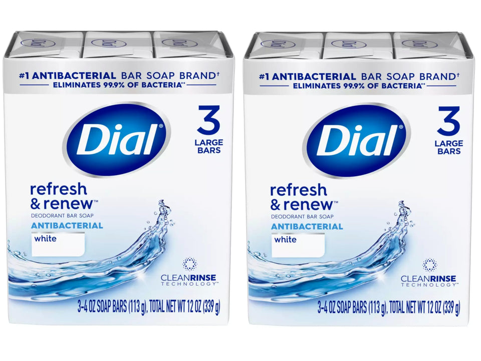 Dial front packaging showing two-pack and benefit of antibacterial protection