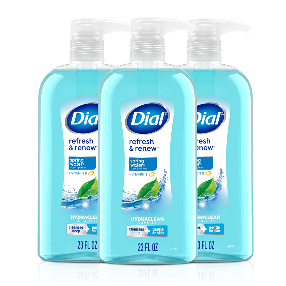 Dial front packaging showing three 23 fl oz bottles and clear labeling for convenience