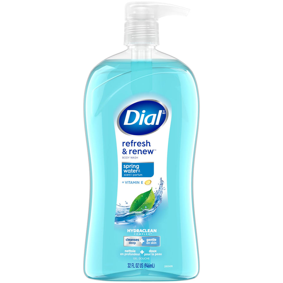 Dial front pump bottle showing product and scent, convenient large size