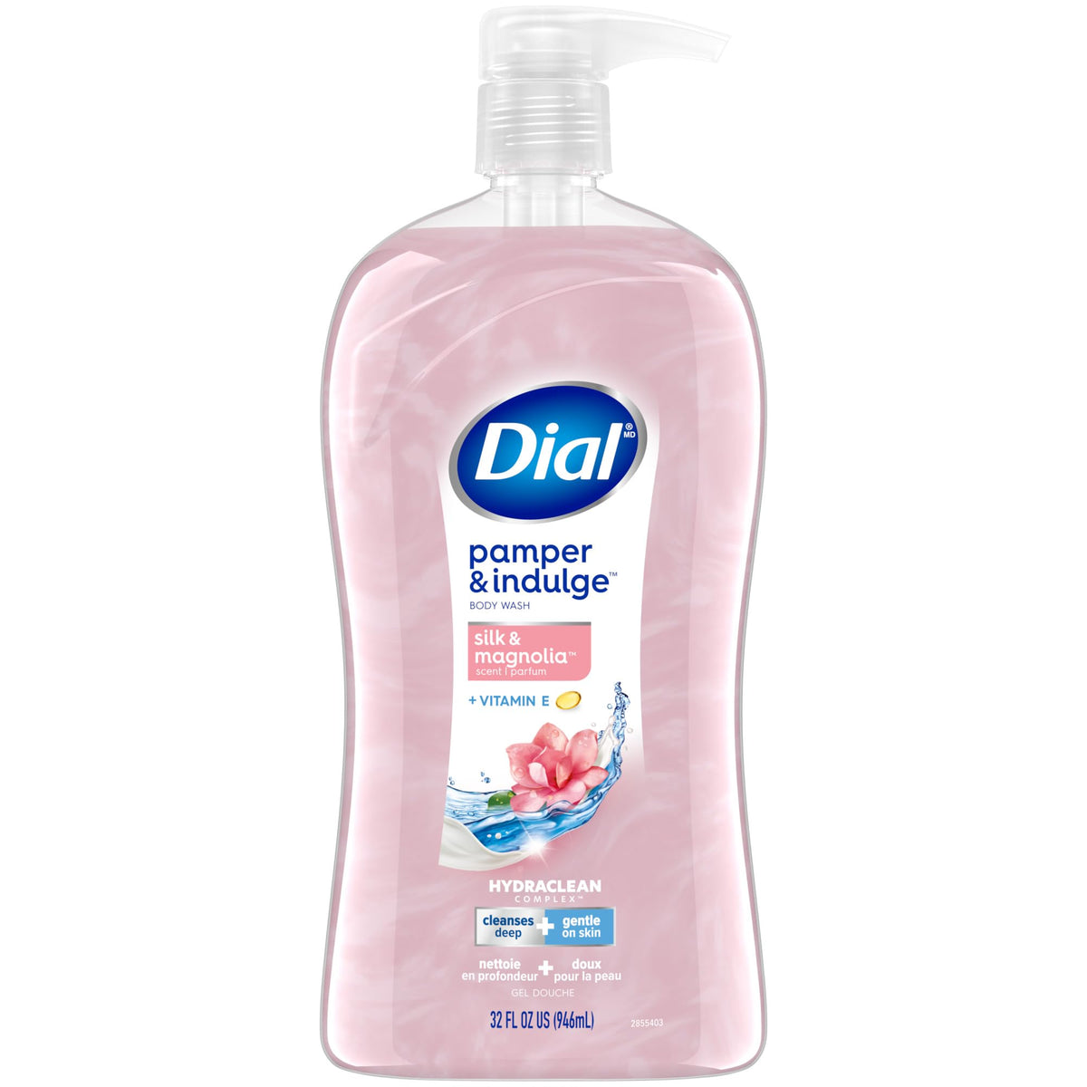 Dial front packaging showing silk and magnolia scent and 32 fl oz size, highlighting a large-value bottle