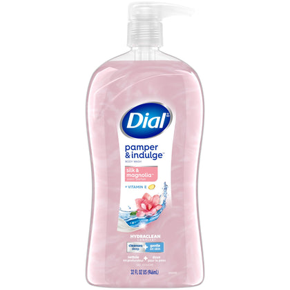 Dial front packaging showing silk and magnolia scent and 32 fl oz size, highlighting a large-value bottle