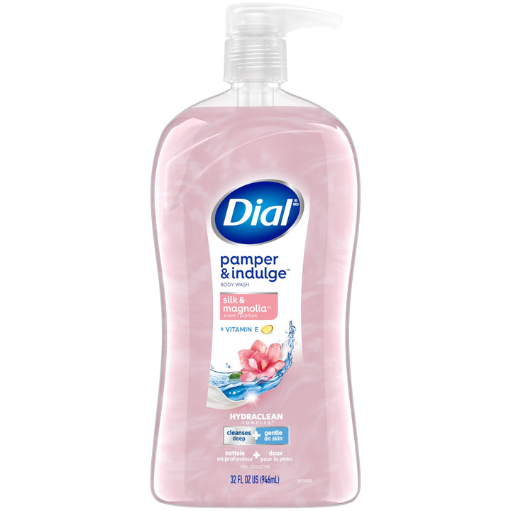 Dial front packaging showing silk and magnolia scent and 32 fl oz size, highlighting a large-value bottle