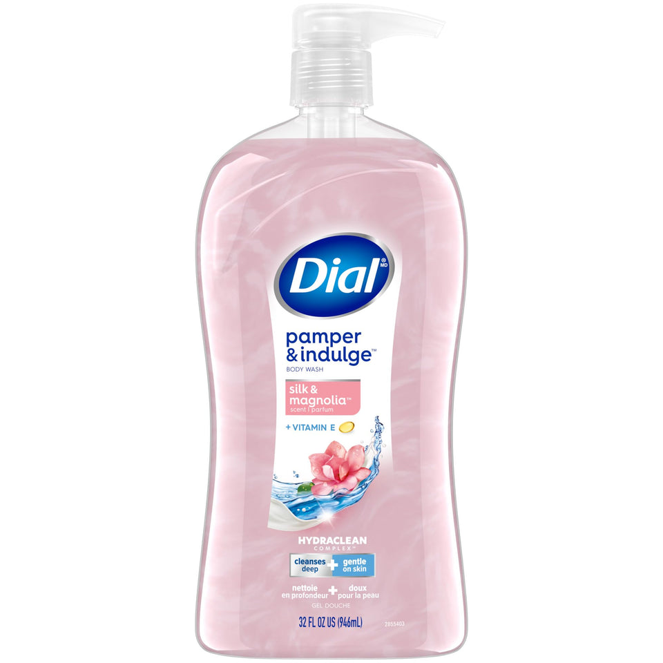 Dial front packaging showing silk and magnolia scent and 32 fl oz size, highlighting a large-value bottle