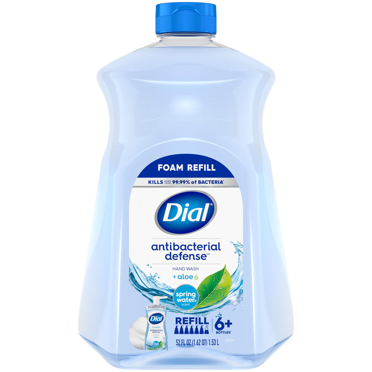 Dial spring water 52 oz front label shows scent and size, convenient refill