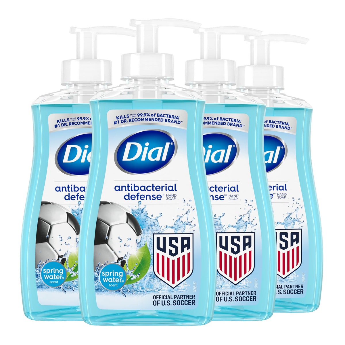 Dial front packaging showing four 11 fl oz bottles and Spring Water scent benefit
