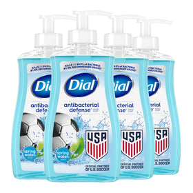 Dial front packaging showing four 11 fl oz bottles and Spring Water scent benefit