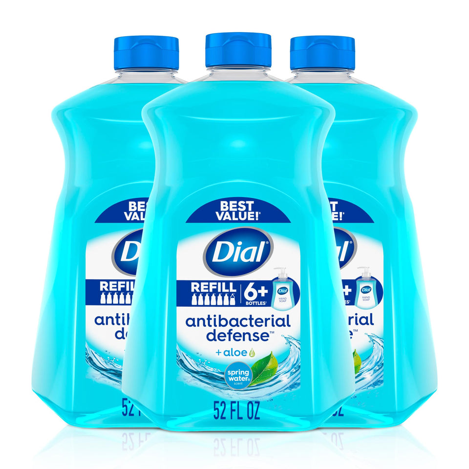 Dial spring water front packaging showing large refill bottle and scent benefit
