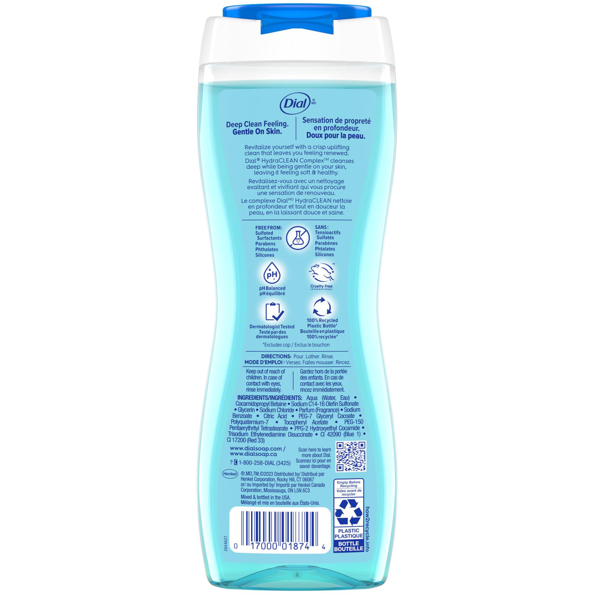 Dial pump and label detail highlighting Hydraclean Complex benefit