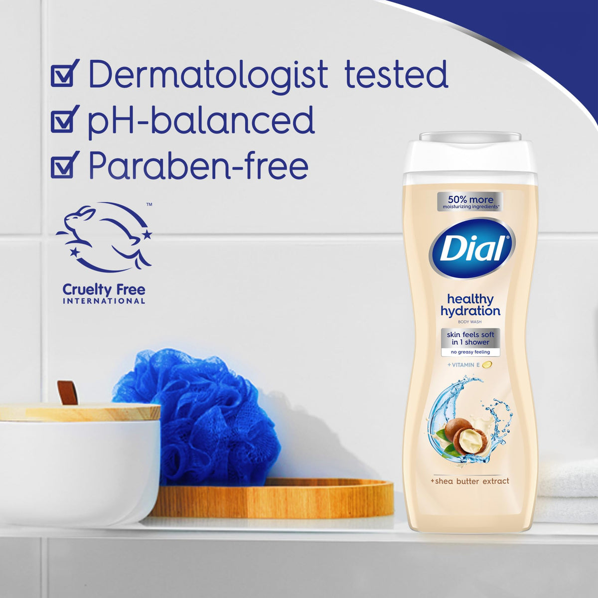 Dial body wash in use on shoulder demonstrating gentle cleansing