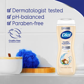 Dial body wash in use on shoulder demonstrating gentle cleansing