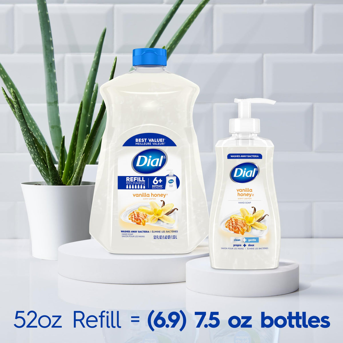 Three-pack of Dial vanilla honey bottles showing bulk refill value