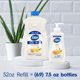 Three-pack of Dial vanilla honey bottles showing bulk refill value