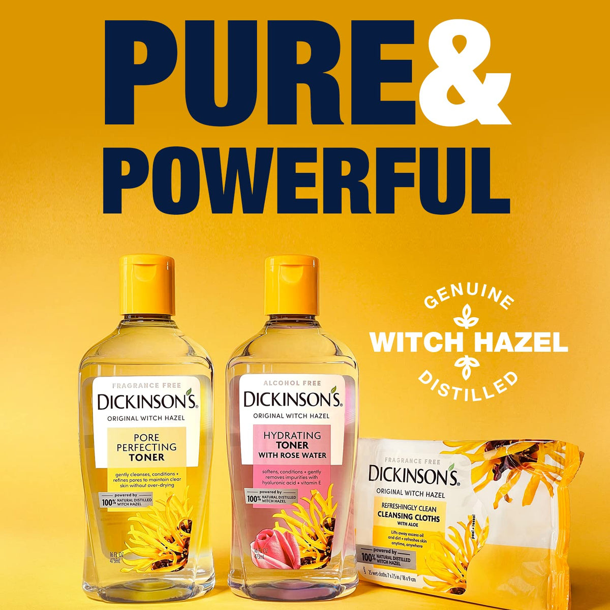 Dickinson's ingredients label highlighting witch hazel and aloe