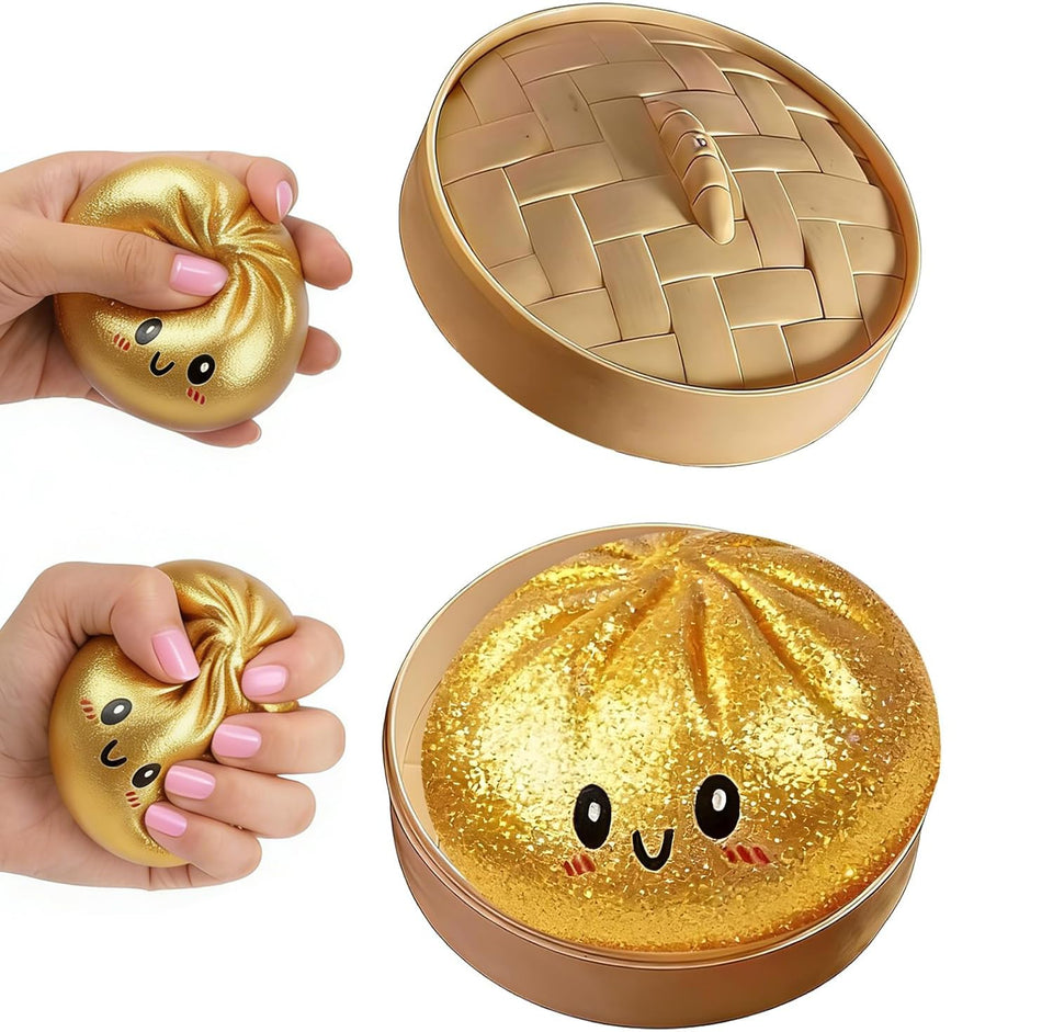 DICSINM dumpling squishy front view showing playful gold finish and realistic folds