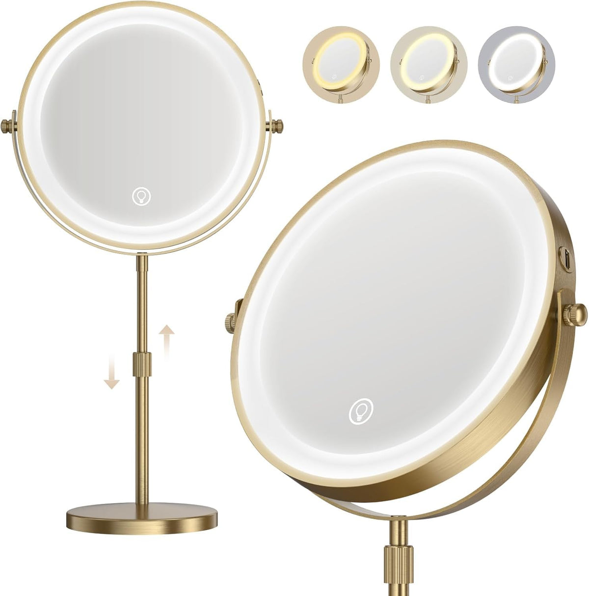 Dienmern front view of lighted vanity mirror showing even illumination and benefit of accurate makeup