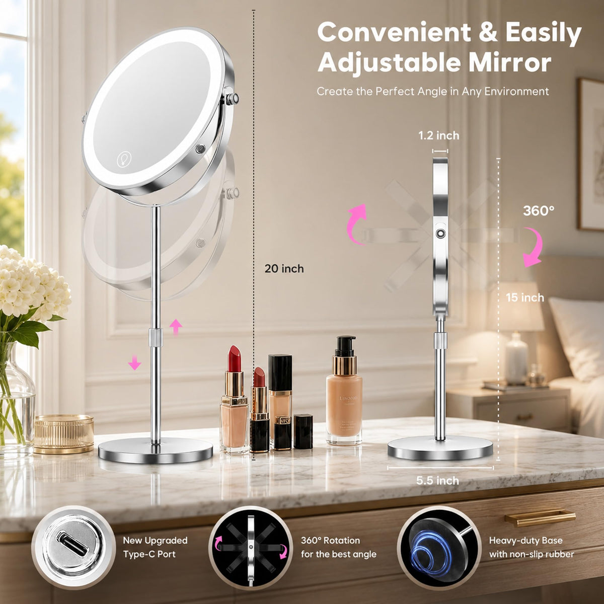 Dienmern height adjustment from 15 to 20 inches showing compact space-saving benefit