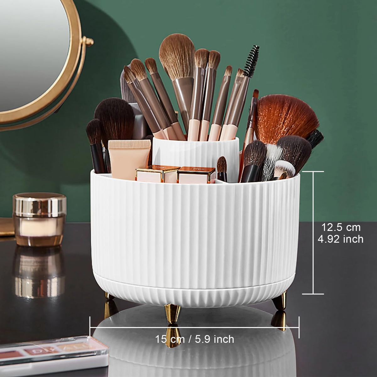 Diesisa organizer filled with makeup brushes demonstrating upright storage and easy reach