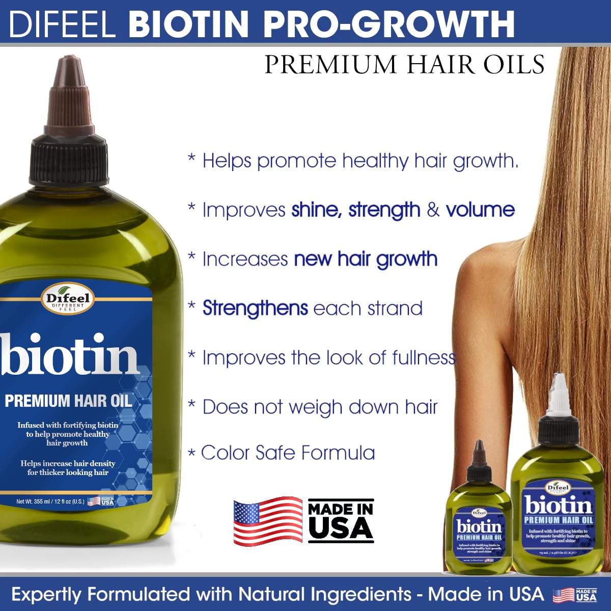 Difeel close-up of label with biotin and ingredient callouts for trust