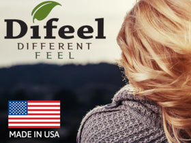 Difeel bottle staged with dried herbs to convey natural botanicals and soothing aroma benefit