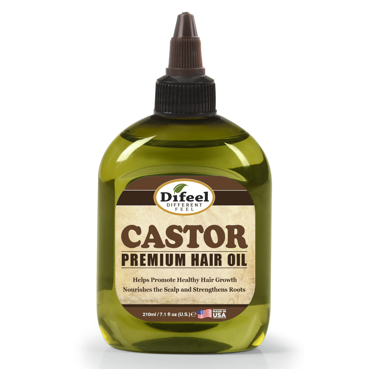 Difeel front bottle showing label and 7.1 oz size, conveys pure castor oil benefit