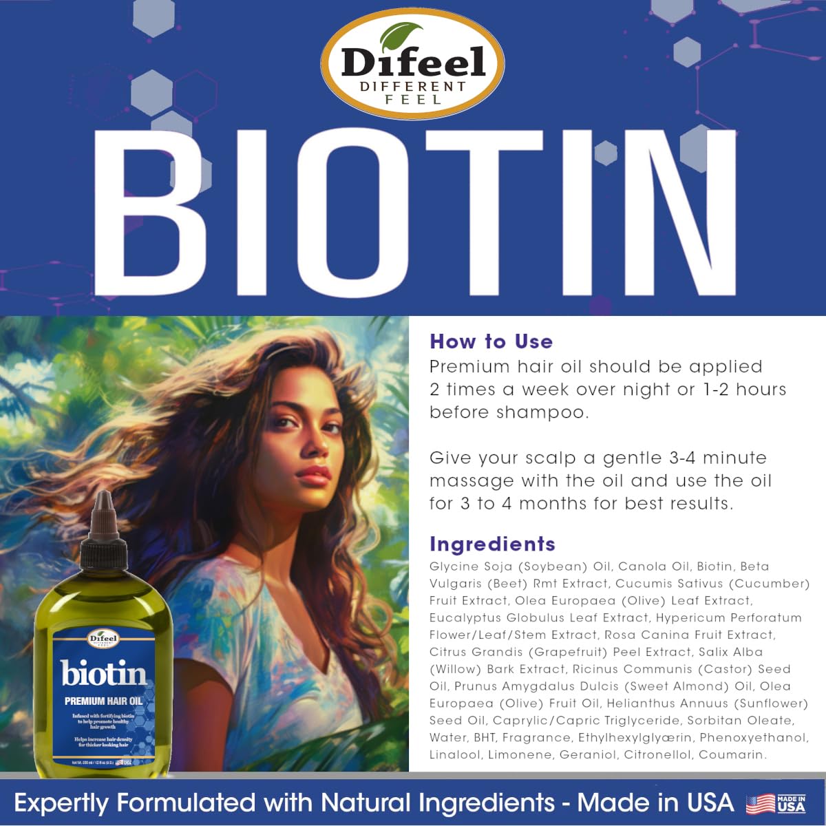 Difeel applying oil to scalp for targeted nourishment and reduced breakage