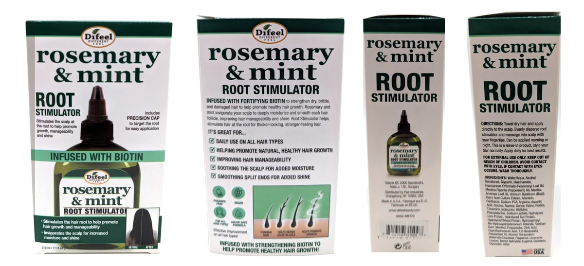 Difeel natural ingredients display with rosemary, mint, and biotin emphasizing nourishment