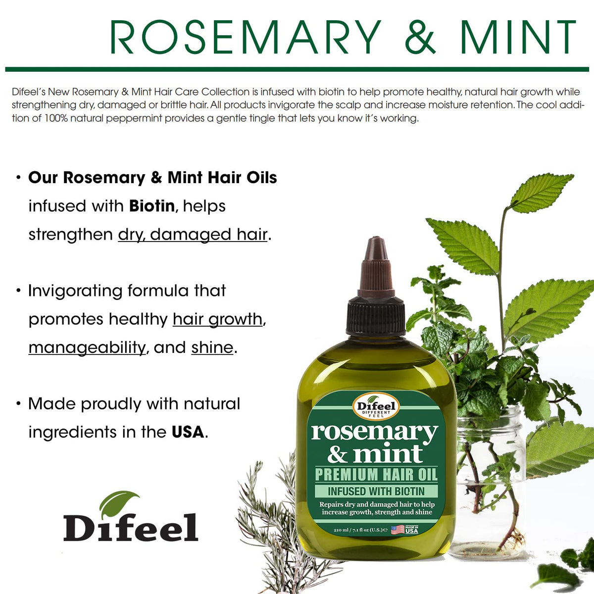 Close-up of Difeel label highlighting rosemary, mint, and biotin benefits