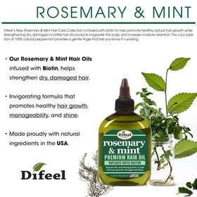 Close-up of Difeel label highlighting rosemary, mint, and biotin benefits