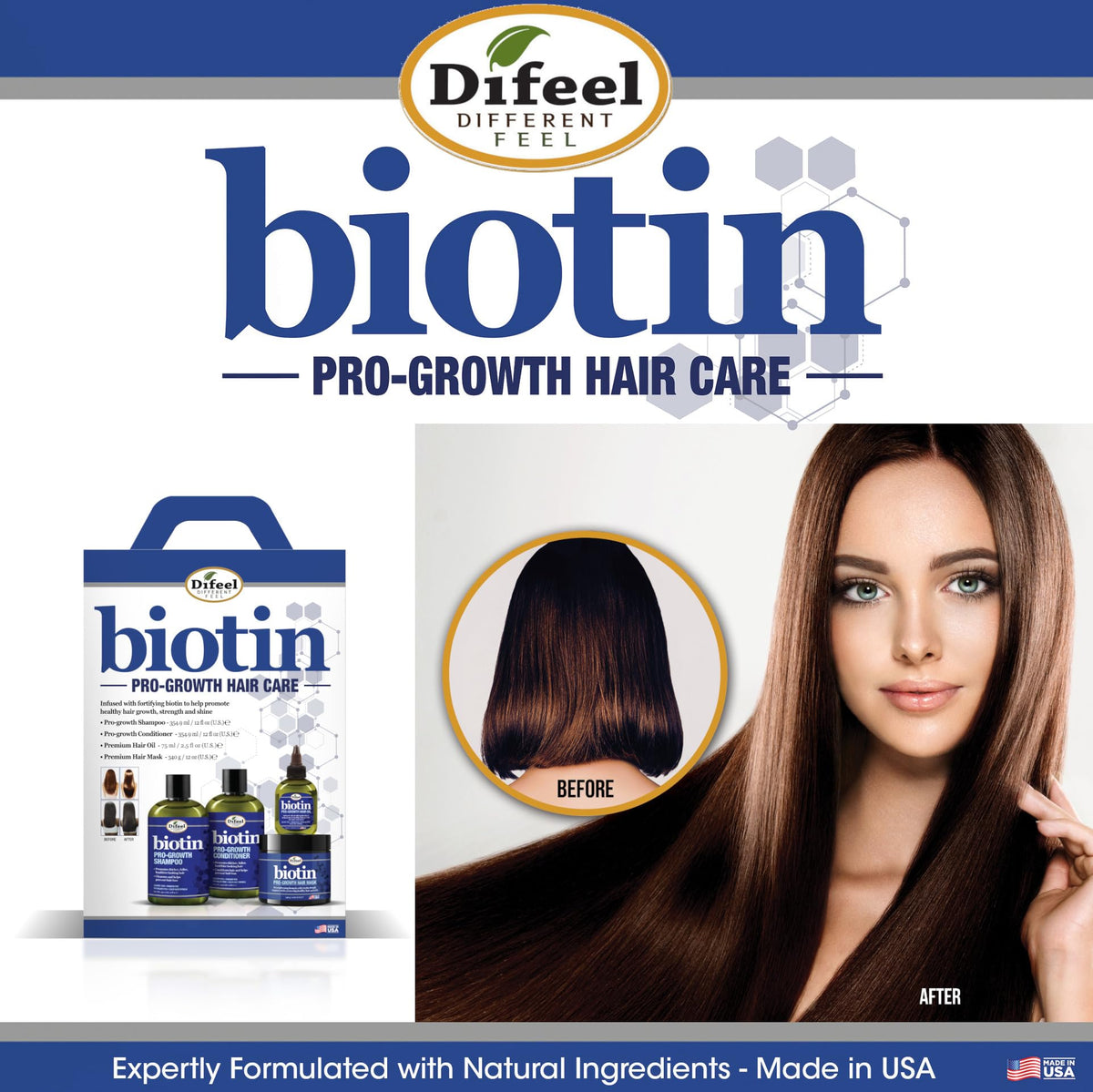Difeel styled hair with glossy waves showcasing fuller-looking results