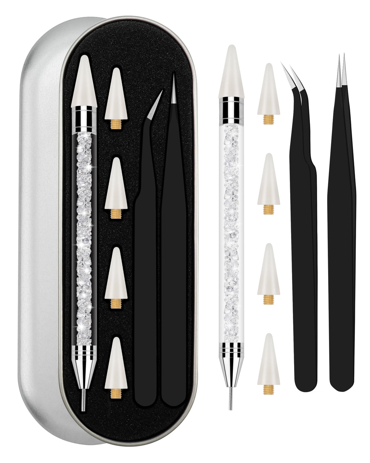 Difenni front packaging showing complete rhinestone tool kit and travel case benefits