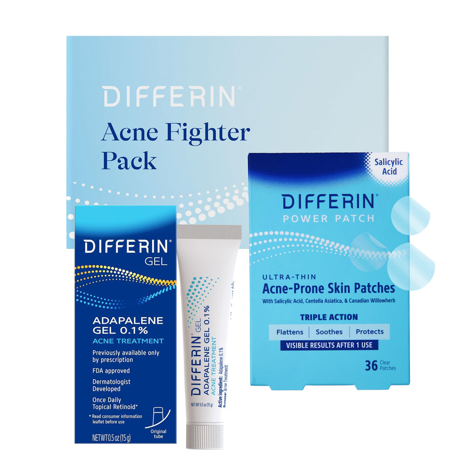 Differin front of packaging showing kit and benefits