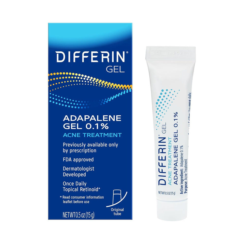 Differin 15g tube front packaging showing product and amount for acne treatment