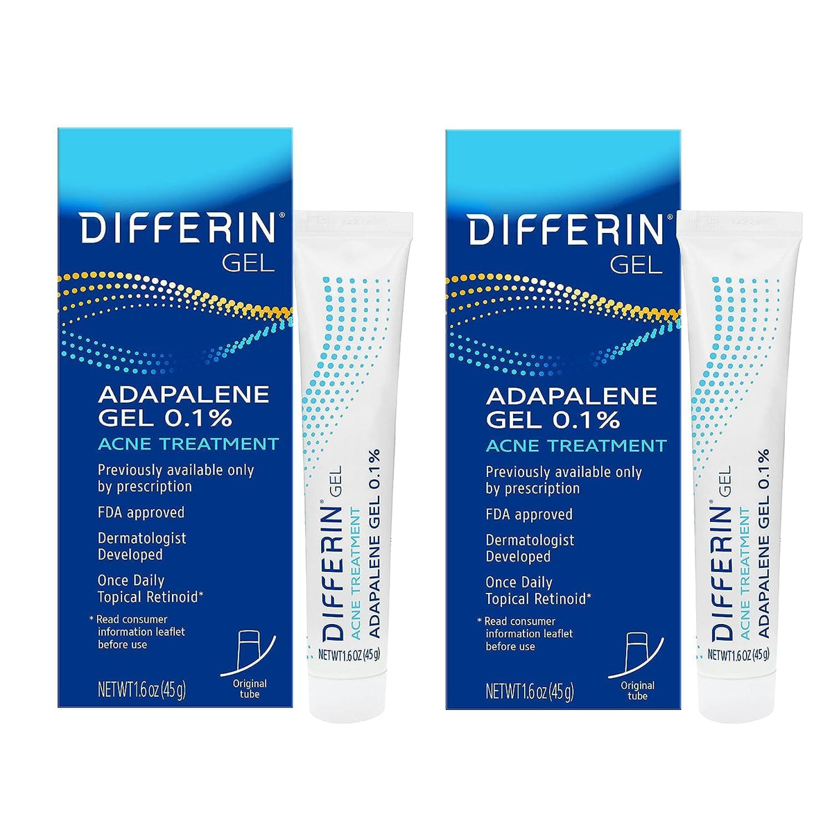 Differin front packaging showing 45g tube and clear usage benefit