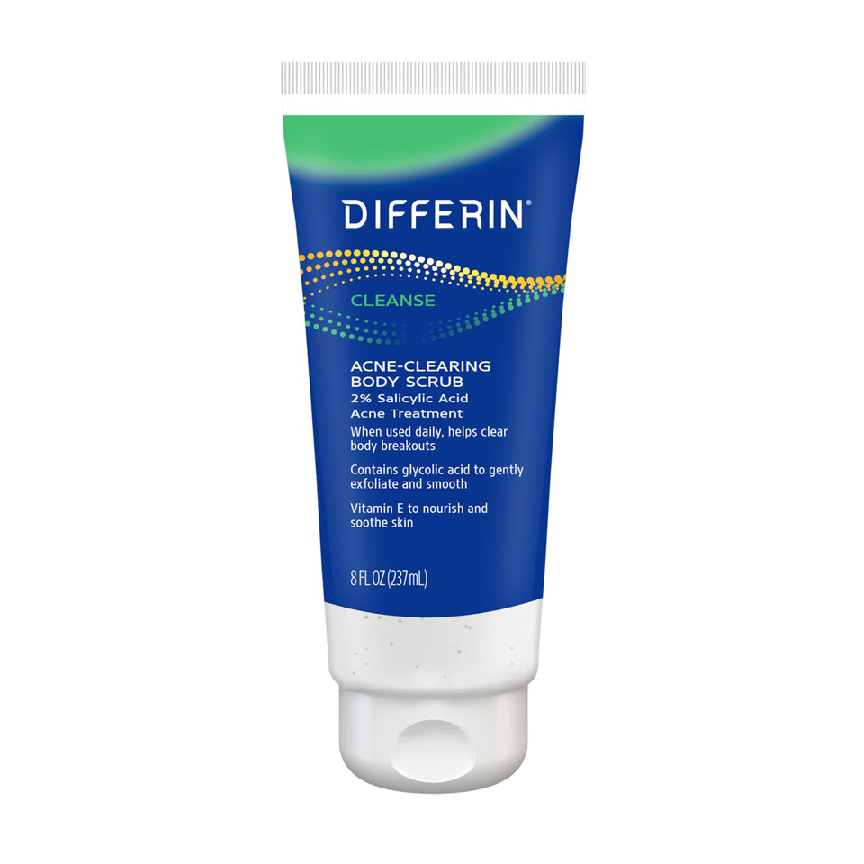 Differin front packaging of body scrub showing product and benefits