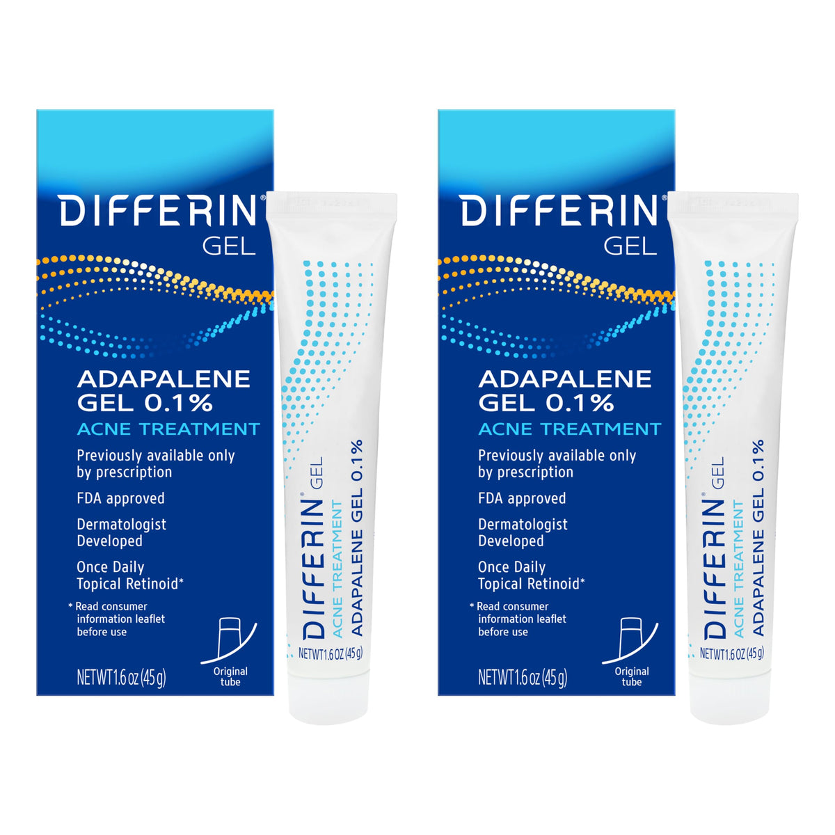 Differin front packaging showing two tubes and clear benefits