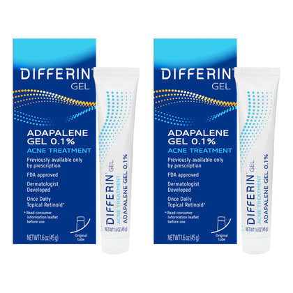 Differin front packaging showing two tubes and clear benefits
