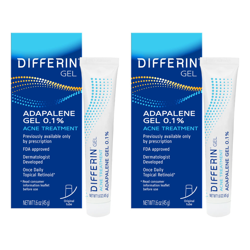 Differin front packaging showing two tubes and clear benefits