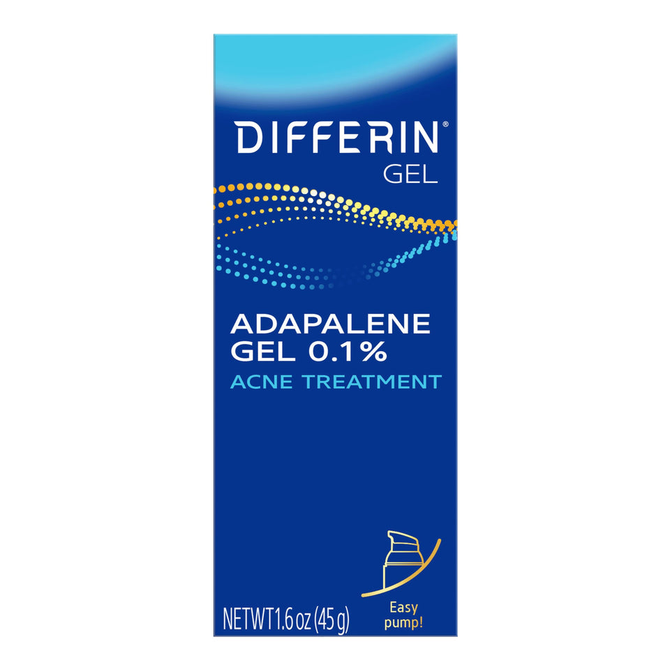 Differin pump 45g front view showing branding and dispenser benefit