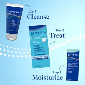 Differin in bathroom routine with moisturizer and cleanser visible